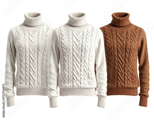 Three cable-knit turtleneck sweaters in white, off-white, and brown against a dark background