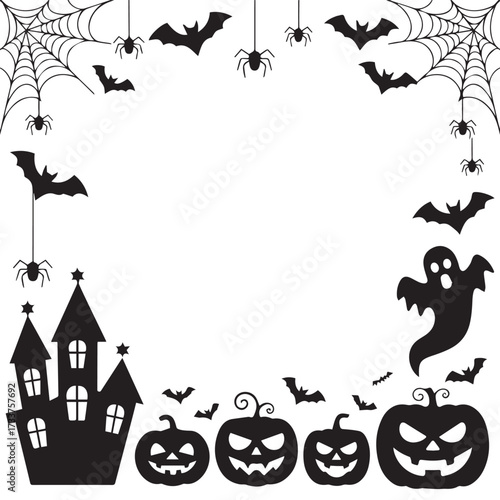 Spooky Halloween Frame with Ghost, Haunted House, and Pumpkins