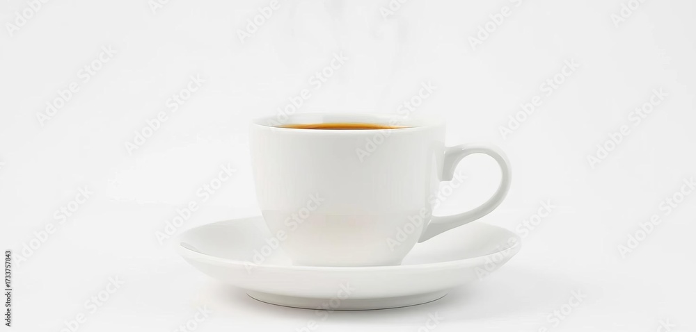 Obraz premium A pristine white coffee cup and saucer, emitting delicate steam, set against a pure white backdrop, minimalist, purity