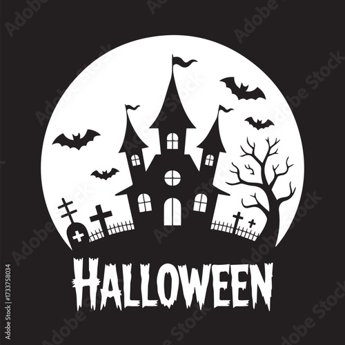 Black and White Halloween Night Scene with Bare Tree