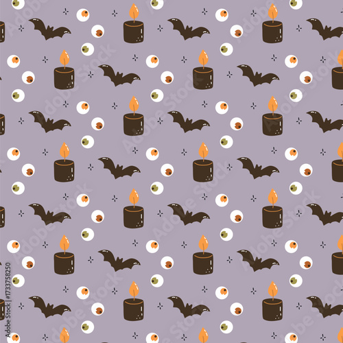 Vector seamless Halloween pattern with flying bats, burning candles, spooky eyeballs and decorative elements. Perfect for seasonal design, party invitations, wrapping paper, textile, posters