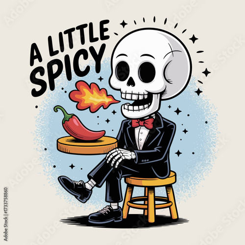 Classy skeleton tasting pepper, a little spicy phrase, suit and tie, smoke breath effect, restaurant humor, vector artwork