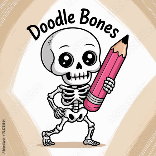 Cute little skeleton artist, doodle bones drawing, giant pink pencil, sketchbook accents, creative cartoon logo, fun vector graphic
