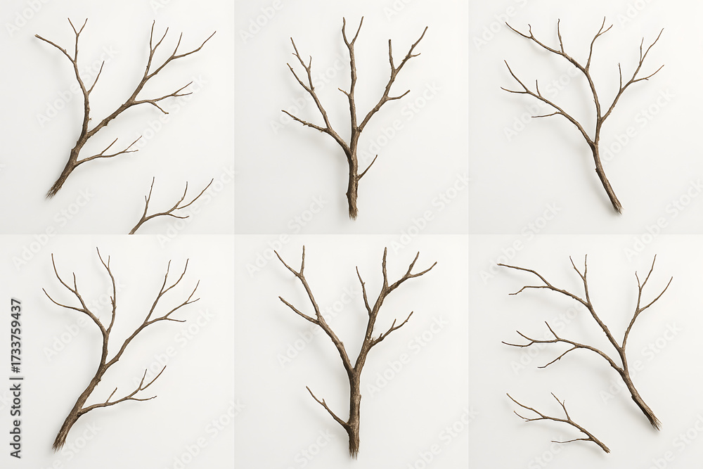 Fototapeta premium Artistic Arrangement: a set of six individual natural twig branches artfully arranged on a light background, inviting contemplation of texture and form, emphasizing the inherent beauty of simplicity.