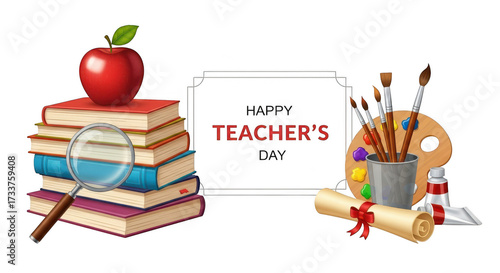 Happy teachers day message with a stack of books, an apple, a magnifying glass, and art supplies, isolated on transparent background