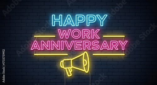 Neon Sign happy work anniversary with brick wall background, wallpaper
