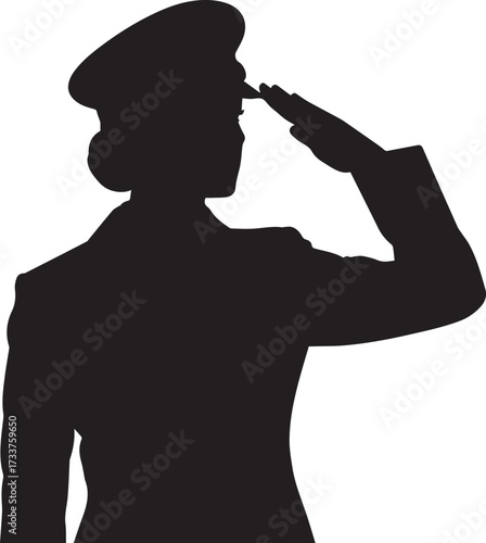Create silhouette of a soldier woman salute on white Background.