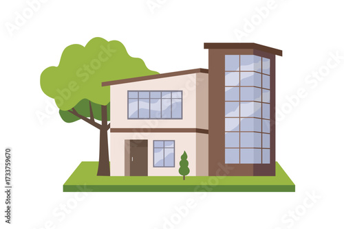 3D house facade. Residential house decoration. Modern villa design. Green villa. House design exterior.