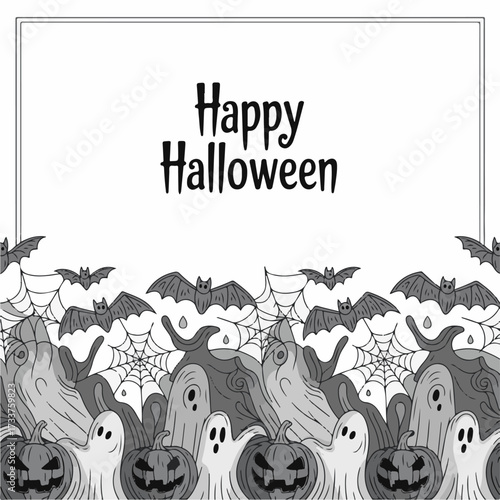 Happy Halloween! Seamless Silhouette Border with Ghosts, Pumpkins, and Bats