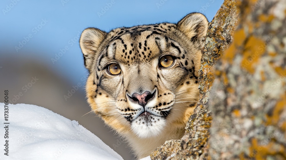 Obraz premium Majestic Snow Leopard Peeking from Snowy Rocky Landscape