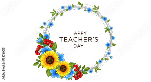 Happy teachers day floral wreath with sunflowers and blue flowers isolated on transparent background