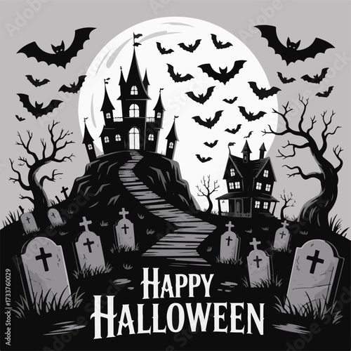 Haunted House Silhouette Against a Full Moon Vector Illustration
