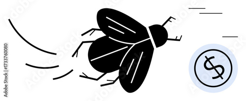 Black fly with motion trails moving near dollar coin. Ideal for finance loss, pest control, spending habits, resource waste, inefficiency, distractions, quirky takes on cost. Simple flat metaphor