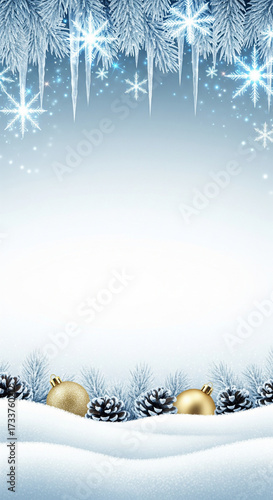 A serene winter wonderland background with sparkling snowflakes, icicles, and golden Christmas ornaments nestled in deep snow