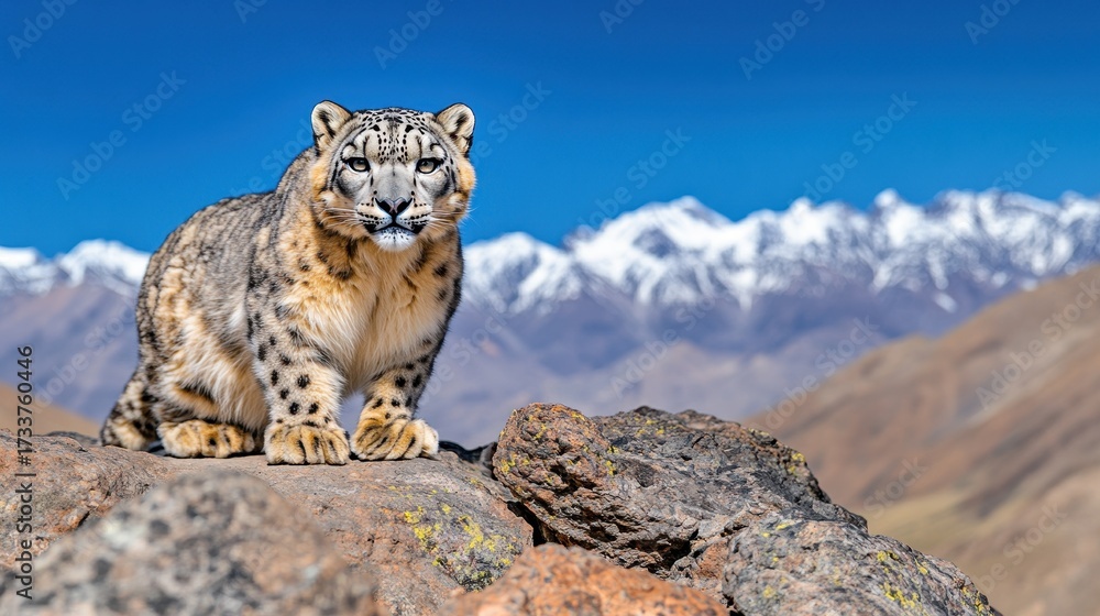 Fototapeta premium Majestic Snow Leopard in Stunning Mountain Landscape at Sunrise