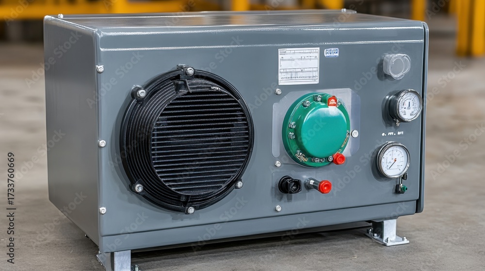 Fototapeta premium Industrial Cooling System with Control Panel and Pressure Gauges