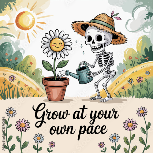 skeleton gardener with watering can, grow at your own pace motto, flower pots landscape, wholesome motivation vector