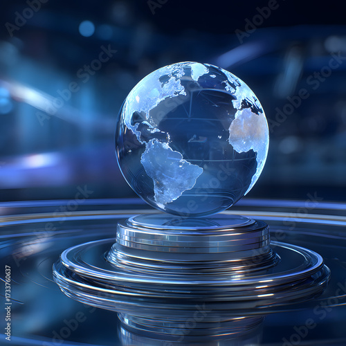 Futuristic globe on a metallic stand with blue light effects