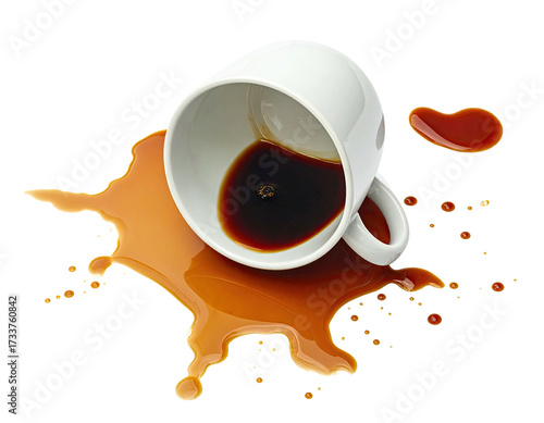 A white ceramic cup, overturned, spills dark brown liquid onto a black surface