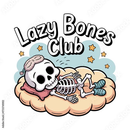 Lazy bones club design, lounging skeleton on cushion, cozy blanket, humorous vibe, weekend relaxation theme, playful vector