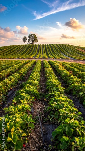 Lush strawberry field at sunset