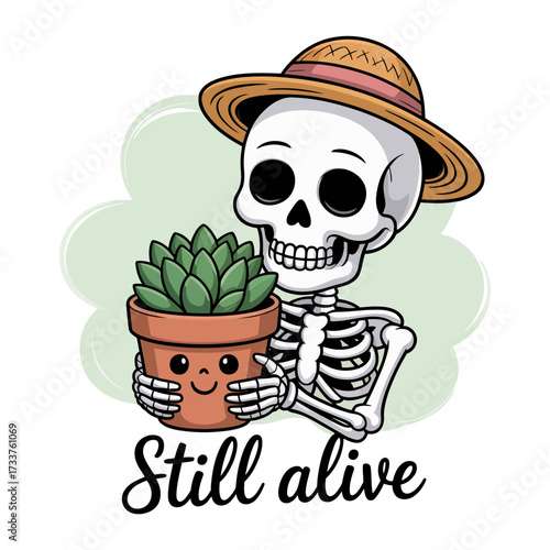 Smiling skeleton gardener, straw hat, holding potted succulent, pastel shapes backdrop, wholesome humor, cute botanical themed vector
