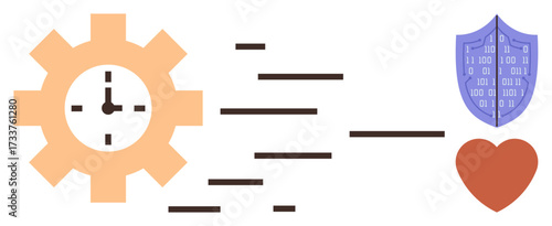 Gear with clock symbolizing time management, binary-coded shield for cybersecurity, and heart for benevolence. Ideal for technology, business, efficiency, responsibility, health, security flat