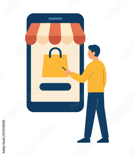 Flat vector illustration of a man using a smartphone with storefront awning and shopping bag icon, symbolizing online shopping, e-commerce, mobile commerce, and digital marketplace