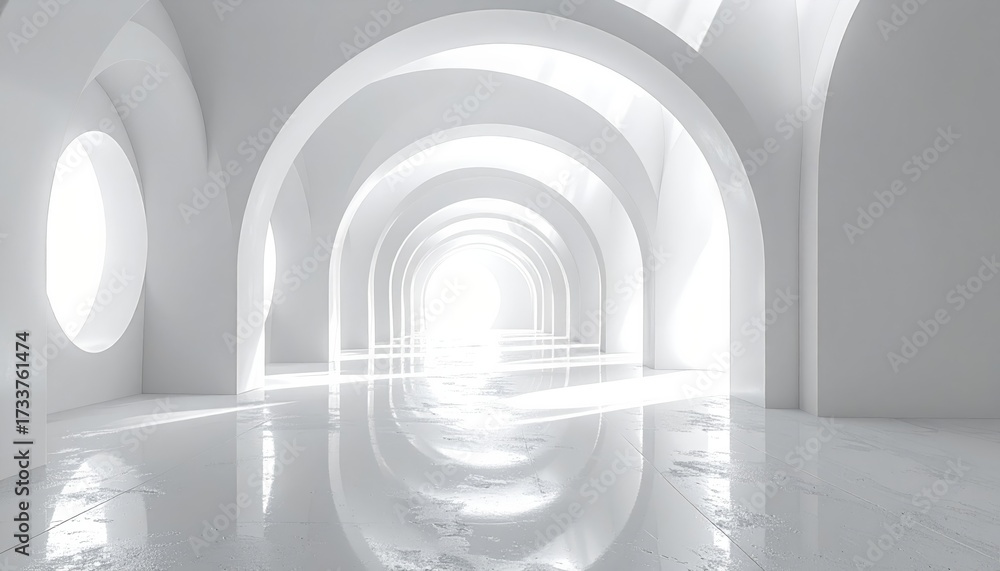 Obraz premium Modern architectural design features a perspective view of a long stone hall with a repeating pattern of arches and ceiling lights