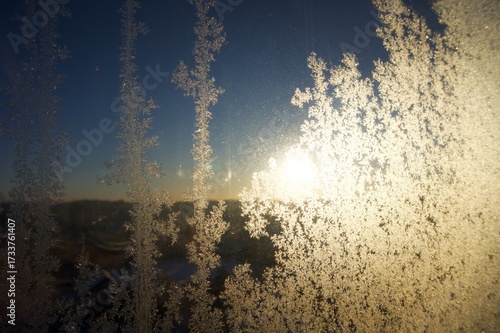 The dawn sun shines through a frost-covered window over the forest