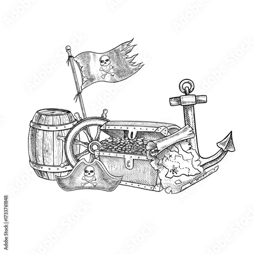 Treasure Island. Black and white graphics, hand-drawn vector illustrations. Medieval sea voyage. Pirate theme. For children s games and celebrations. For stickers, posters, banners, and more.