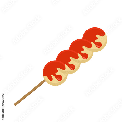 Delicious fish balls on a skewer, drizzled with a vibrant red sauce, perfect for a quick and tasty snack