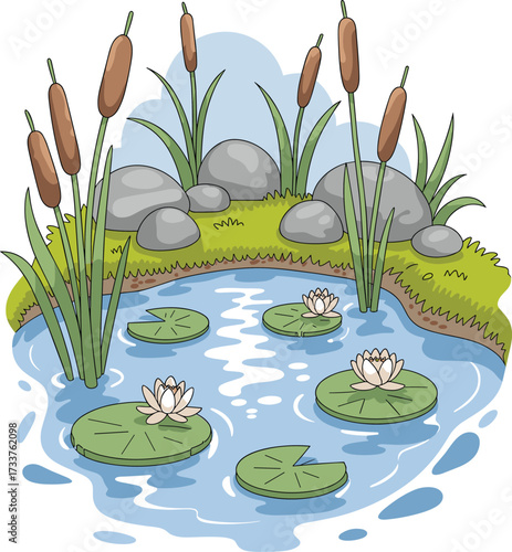Cartoon pond ecosystem illustration, blooming water lilies and cattails, serene nature scene for biology education, classroom kits, and merch
