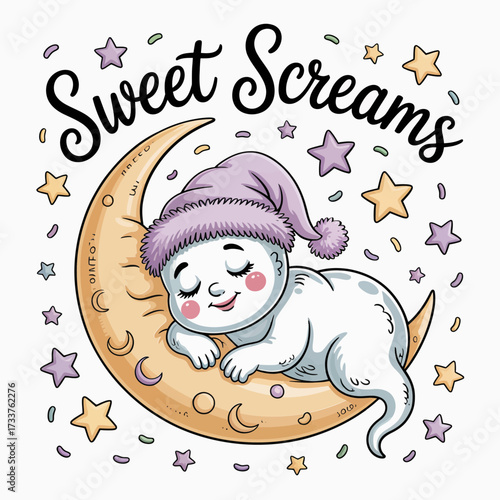 Sweet screams sleepy ghost, resting on crescent moon, cozy night stars, adorable halloween design, nursery friendly poster, vector