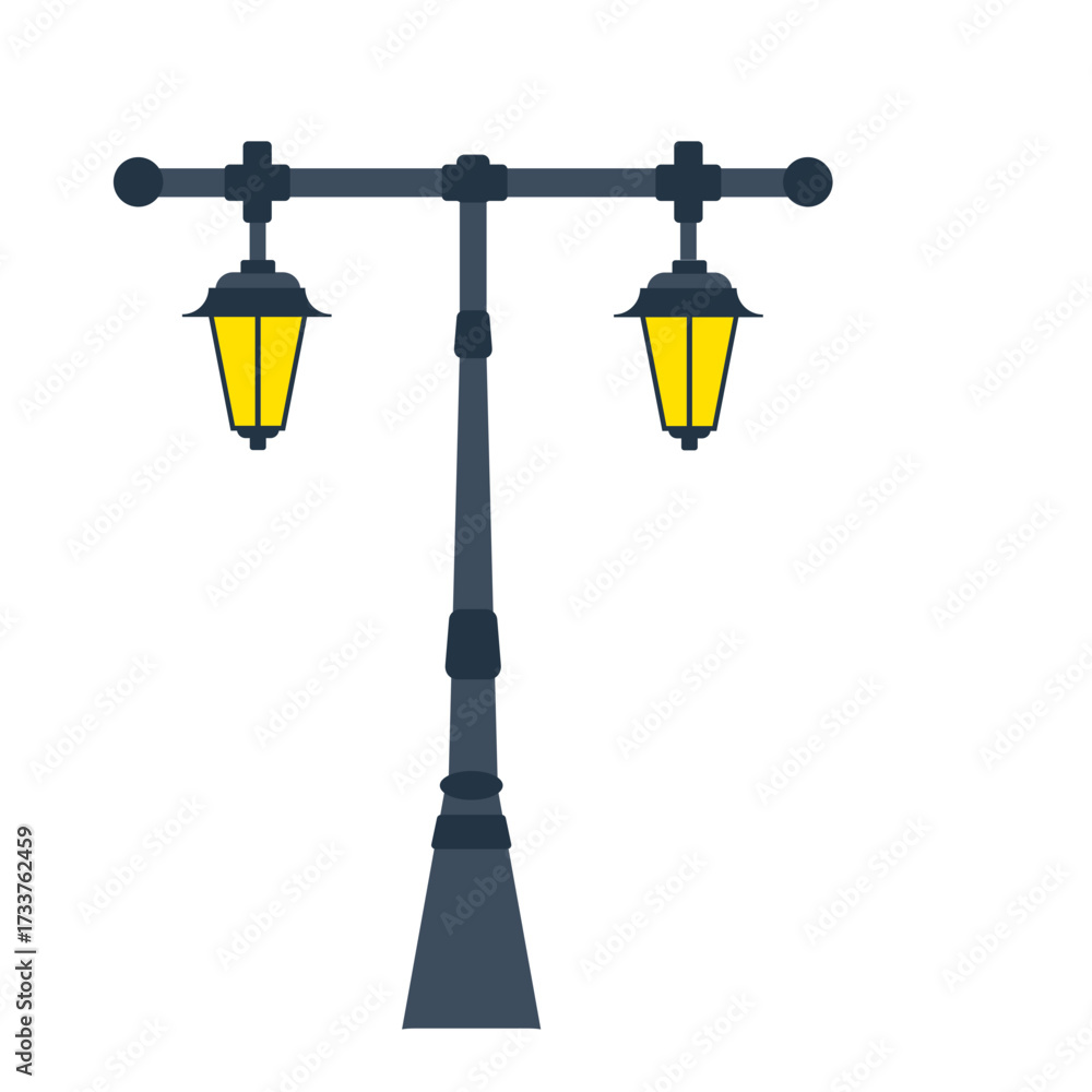 Fototapeta premium Classic double-headed street lights illustration with vintage yellow lanterns isolated on a white background