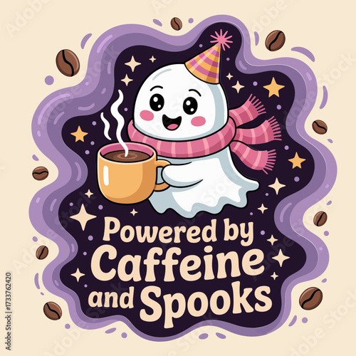 Powered by caffeine and spooks ghost, witch hat and mug, magical swirl frame, cozy halloween coffee graphic, vector