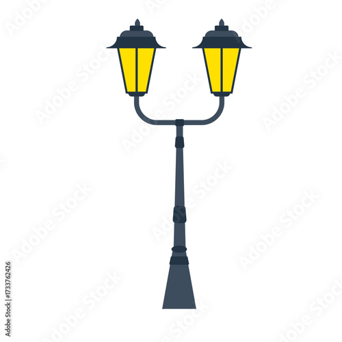Vintage Double Street Light Lamp Post with Glowing Yellow Lights on White Background