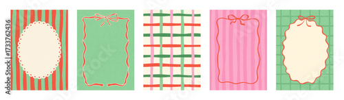 Set of vertical card templates in a cute hand-drawn style with vintage frames and striped or checkered patterns, perfect for invitations and social media stories, isolated on white background, vector