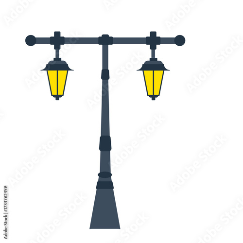 Classic double-headed street lights illustration with vintage yellow lanterns isolated on a white background