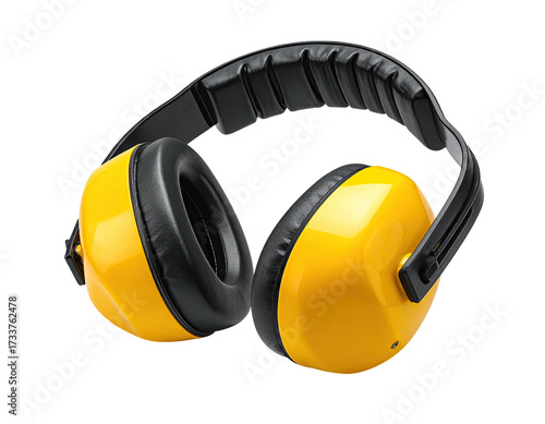 Bright yellow ear protectors with black padding against a dark background