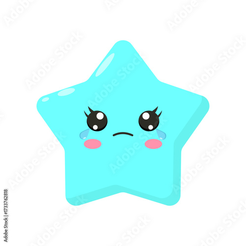 Cute blue star illustration with sad crying eyes and blush cheeks, graphic representation of a sad emotion