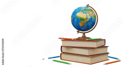A globe sits on a stack of books with pencils scattered around, isolated on transparent background