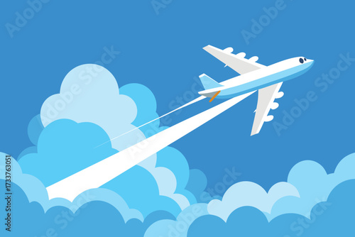 Airplane Flying Through Blue Sky With Clouds Leaving a White Trail Behind It