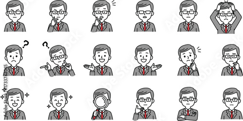 Cartoon Businessman with Multiple Expressions and Gestures – Emotion Vector Set for Communication, Presentation, Office, and Professional Character Design
