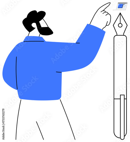 Man interacting with digital tablet next to a large pen nib. Ideal for creativity, innovation, technology, design, writing, education, learning. Simple flat metaphor