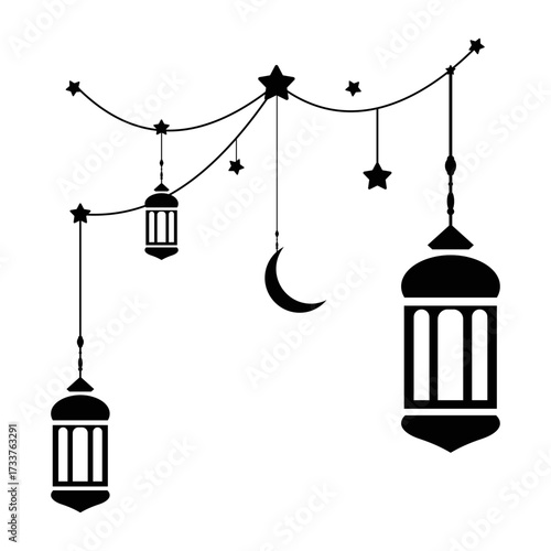 Ramadan Kareem Islamic lanterns and crescent moon hanging decorative elements for Eid celebrations
