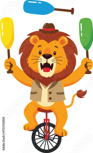 Cartoon circus lion juggling on unicycle with cheerful expression, wearing vest and hat, fun character for entertainment, humor, and performance vector