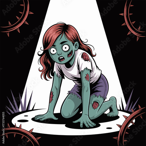 crawling zombie girl spotlight scene, ripped blouse and skirt, stitched border elements, fear horror atmosphere, dramatic halloween vector