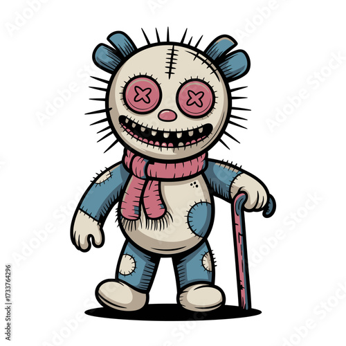 Creepy voodoo doll mascot, stitched plush toy, button eyes, scarf detail, cute horror vector illustration graphic
