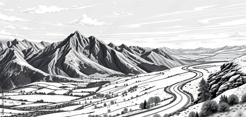 Fototapeta premium Hand-drawn black & white vector illustration of a mountainous landscape featuring a winding road and expansive fields, black, simple